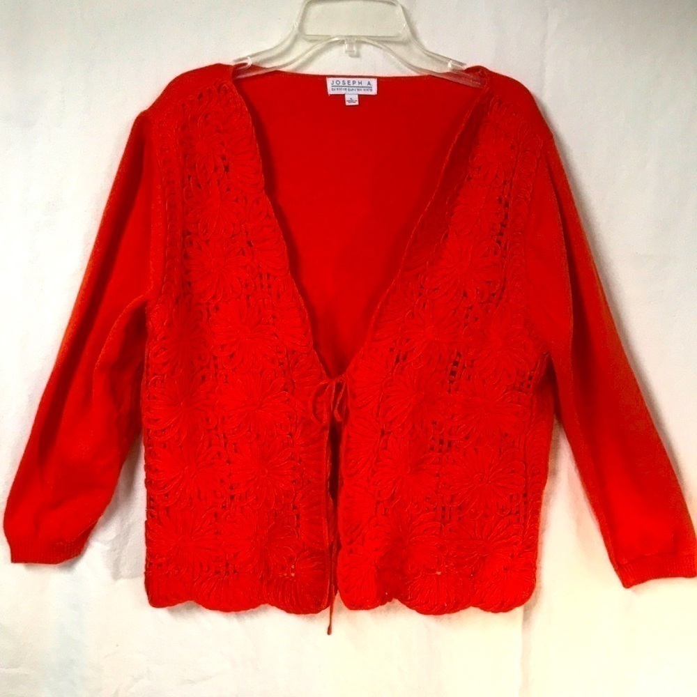 Joseph A. Women’s Cardigan Topper Bright Orange Woven Floral Tie Front Size L